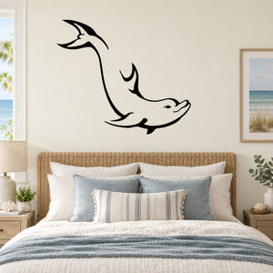 Dolphin swim wall decal, black line art under a jumping fin