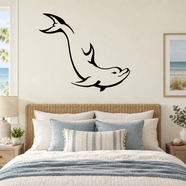 Dolphin swim wall decal, black line art under a jumping fin