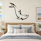 Dolphin swim wall decal, black line art under a jumping fin