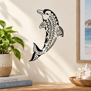 Dolphin wall decal with bold Aztec-style tribal pattern, black on light background