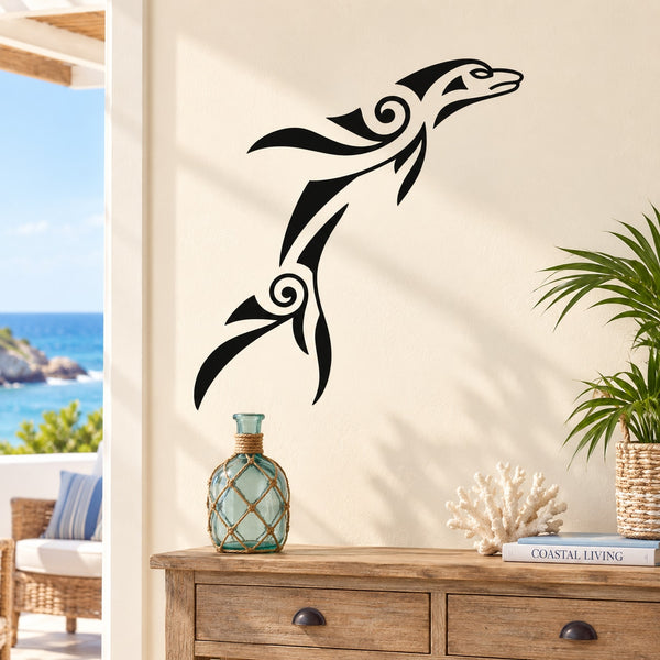 Tribal leaping dolphin wall decal, black swirl design