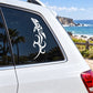 White tribal dolphin splash decal on car window glass with swirling design