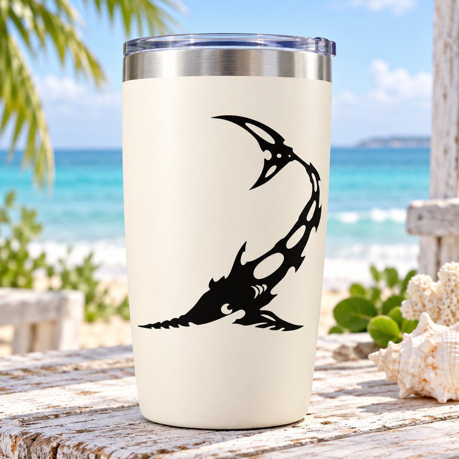 White tumbler cup with black tribal swordfish decal