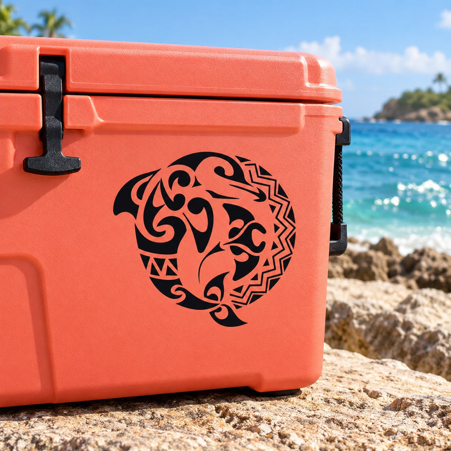 Black tribal dolphin and stingray decal on orange cooler
