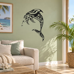 Black tribal-style dolphin wall decal with swirling line art