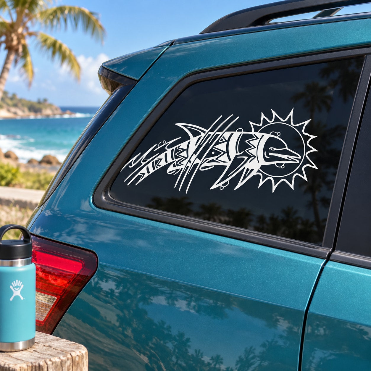 Car window decal featuring a tribal dolphin and sun in white