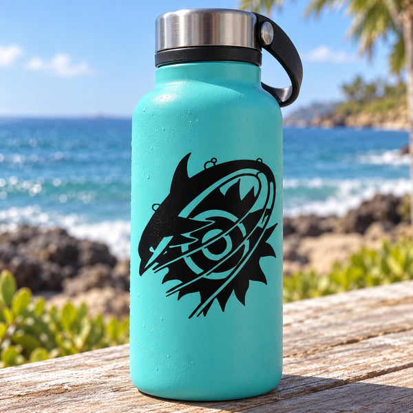 Teal water bottle with stainless lid and black dolphin tribal decal