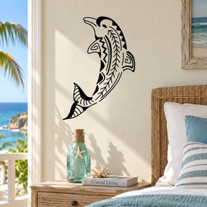 Black dolphin decal with detailed line art, shown on a wall