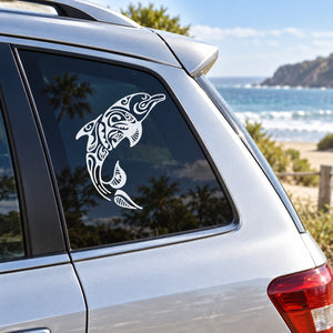 Intricate tribal dolphin car window decal in white