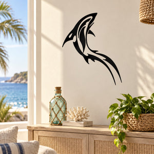 Black razor-style dolphin tattoo decal silhouette on a wall