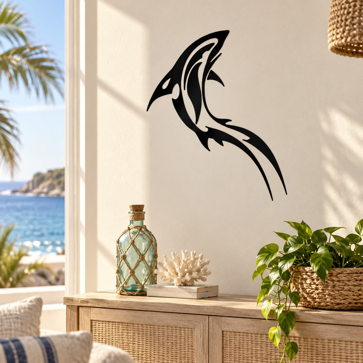 Black razor-style dolphin tattoo decal silhouette on a wall