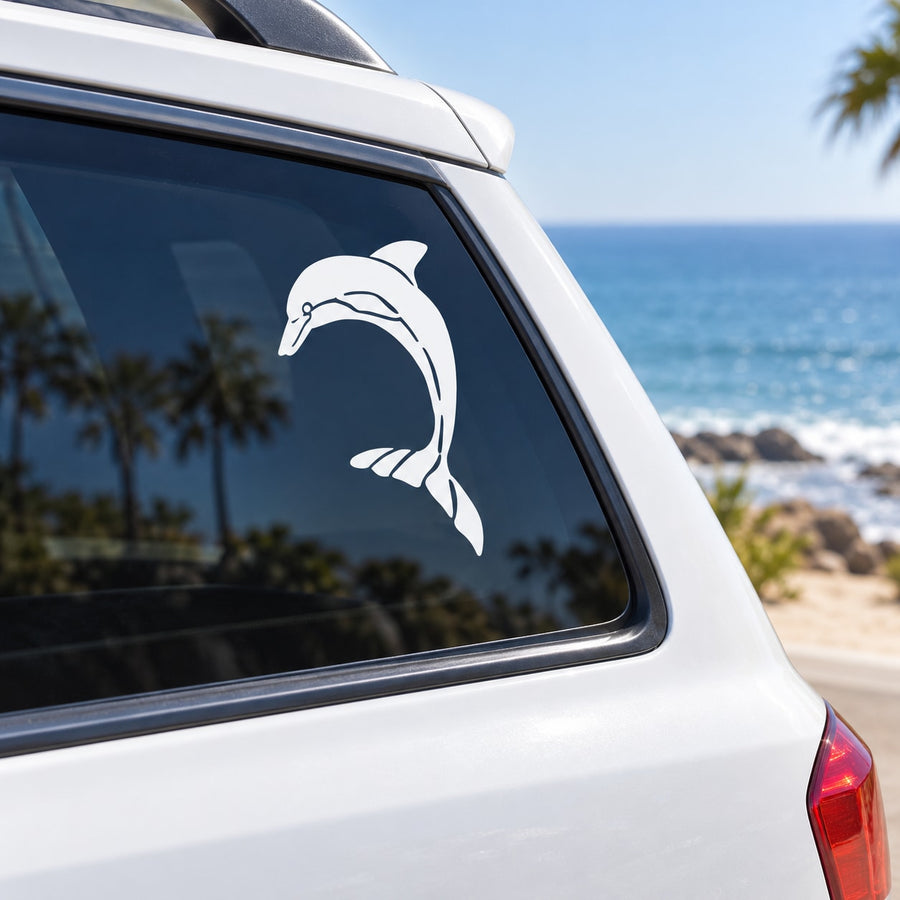 White dolphin flip car window decal with curved fins design
