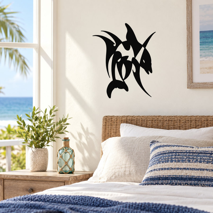 Tribal spike dolphin wall decal, black stylized dolphin graphic