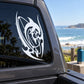 Surfboard and dolphin decal sticker, white design on dark car window