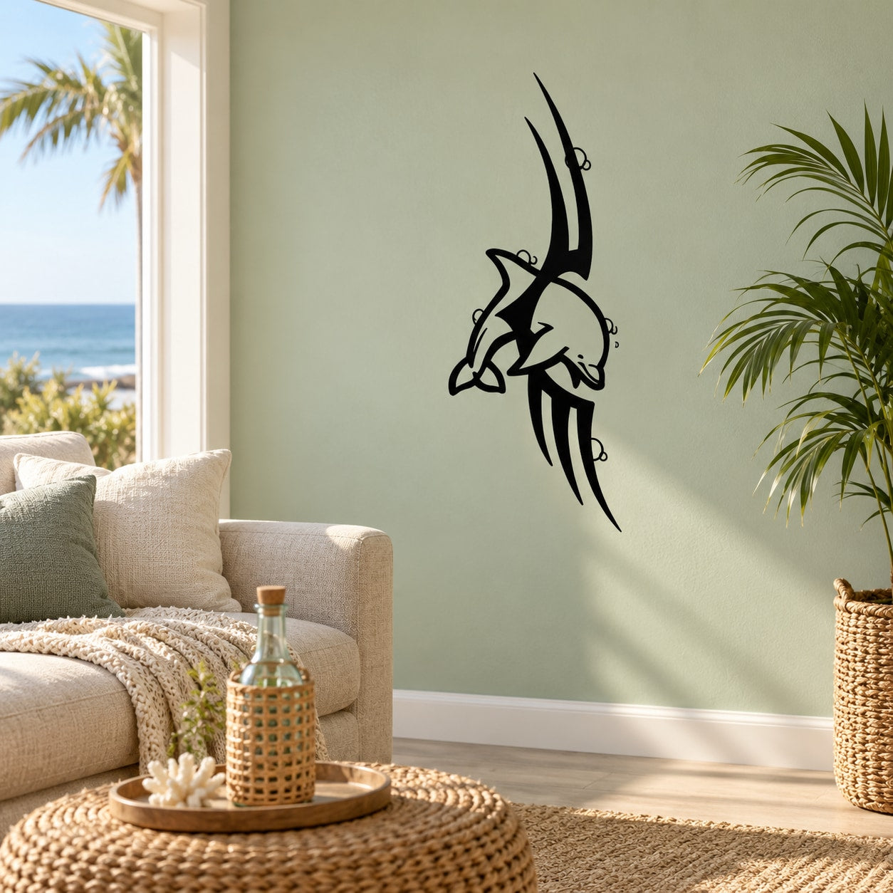 Tribal dolphin and wing wall decal in black, stylized tattoo design