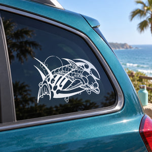 White car window decal with intricate razor dolphin and moon design