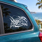 White car window decal with intricate razor dolphin and moon design