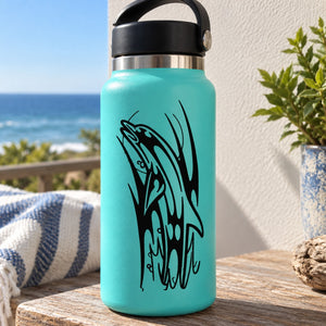 Turquoise water bottle with black tribal dolphin decal