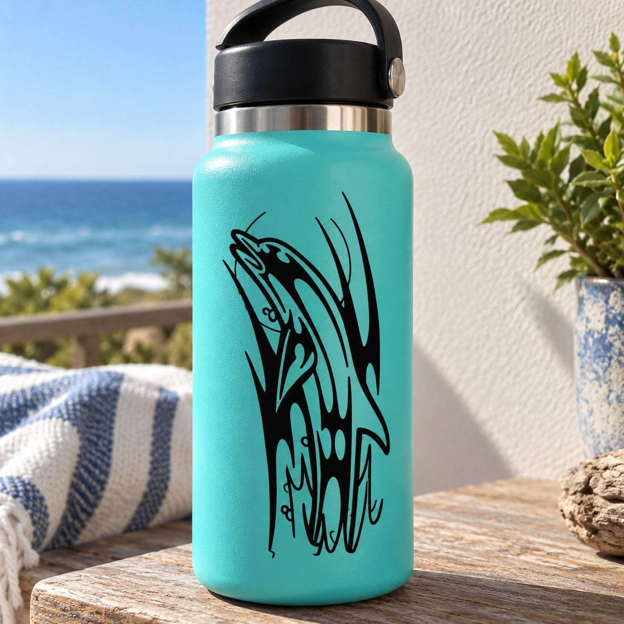Turquoise water bottle with black tribal dolphin decal