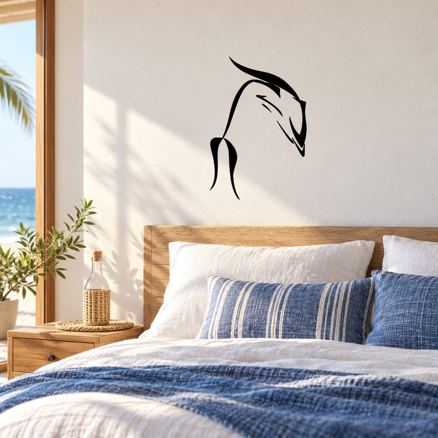 Diving dolphin wall decal, black silhouette with angled fin and tail
