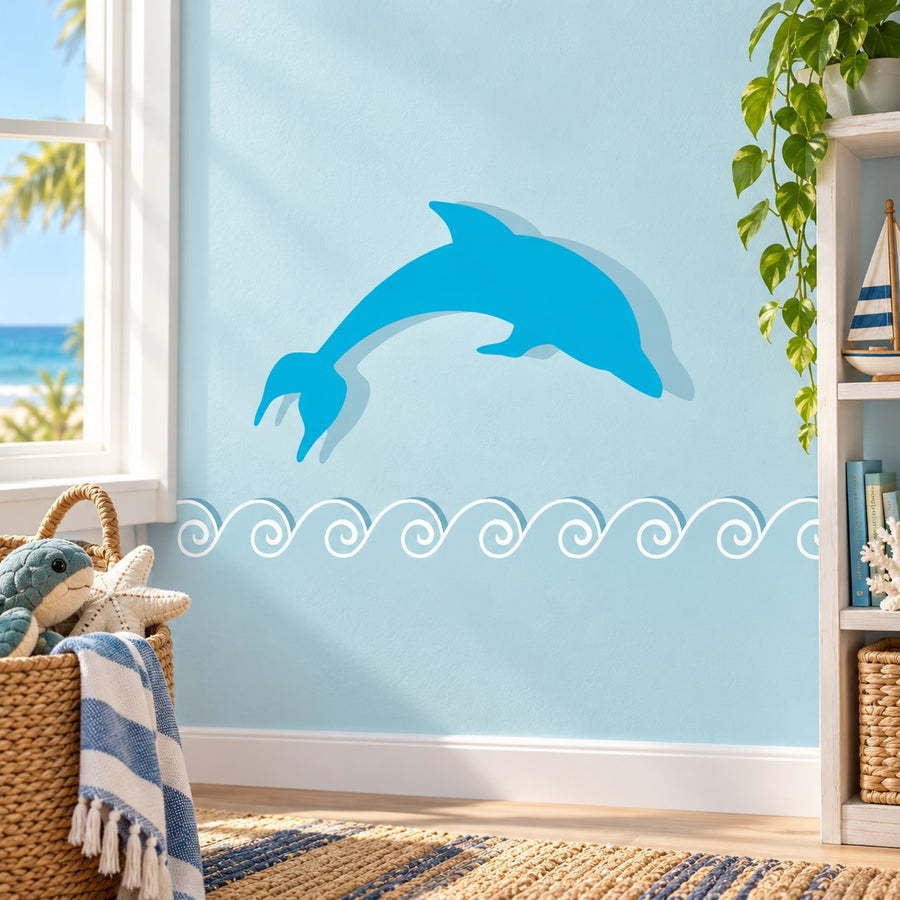 Blue dolphin and wave wall sticker with two dolphins and a swirling wave border