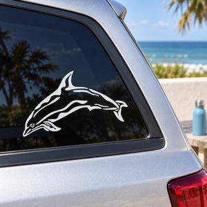 Wavy dolphin decal sticker, white dolphin graphic on car window