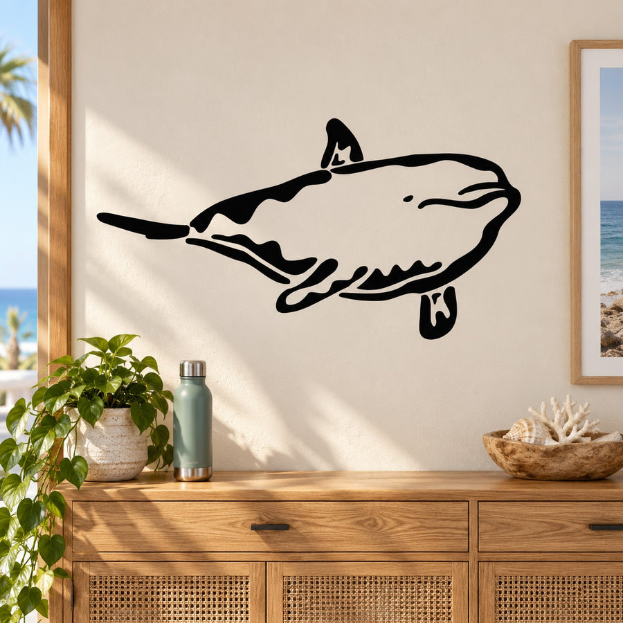 Black chubby dolphin wall decal, smiling cartoon silhouette, sticker design.