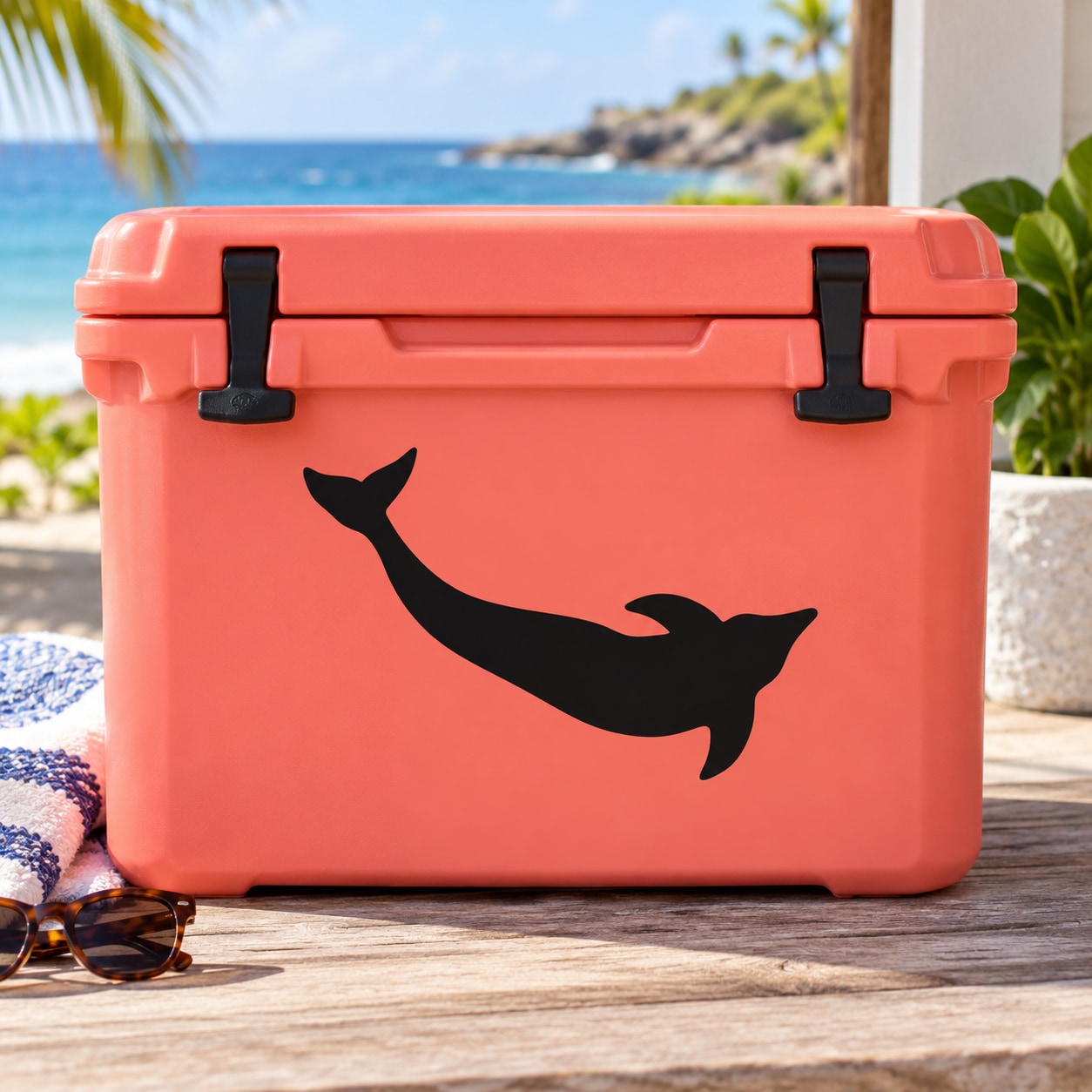 Black dolphin swimming decal graphic on coral surface
