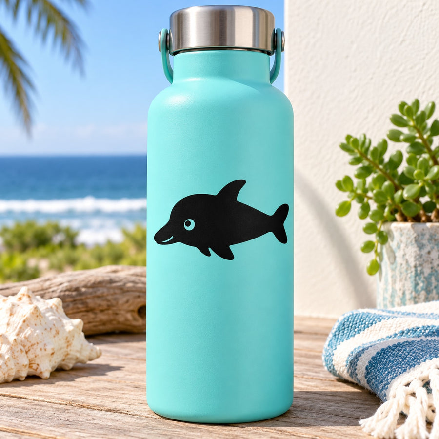 Kids dolphin decal on turquoise water bottle
