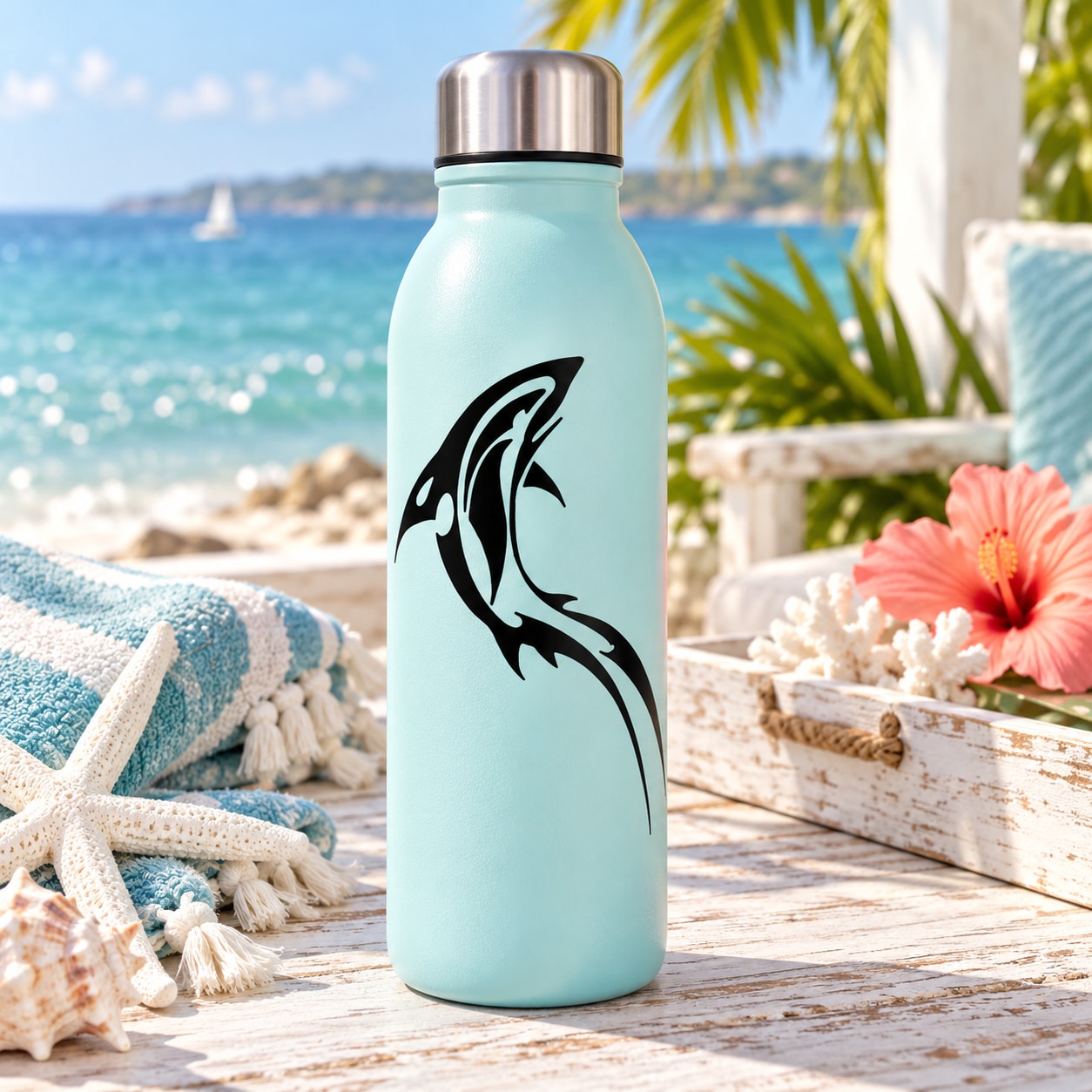 Water bottle with tribal dolphin swimming-up decal