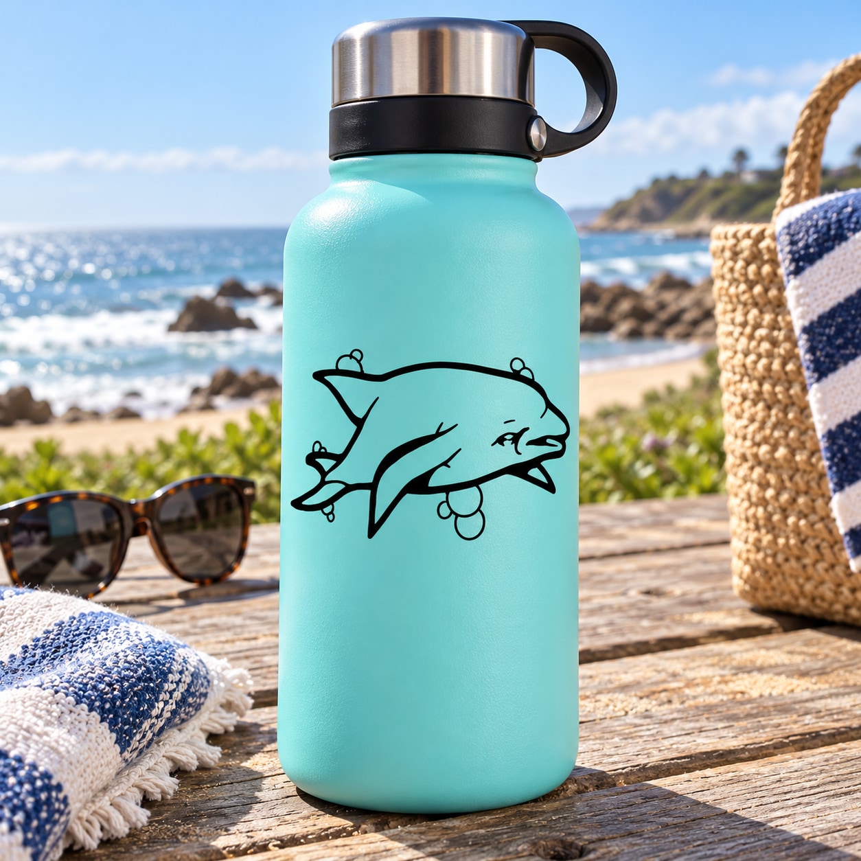 Turquoise water bottle with black dolphin and bubbles decal