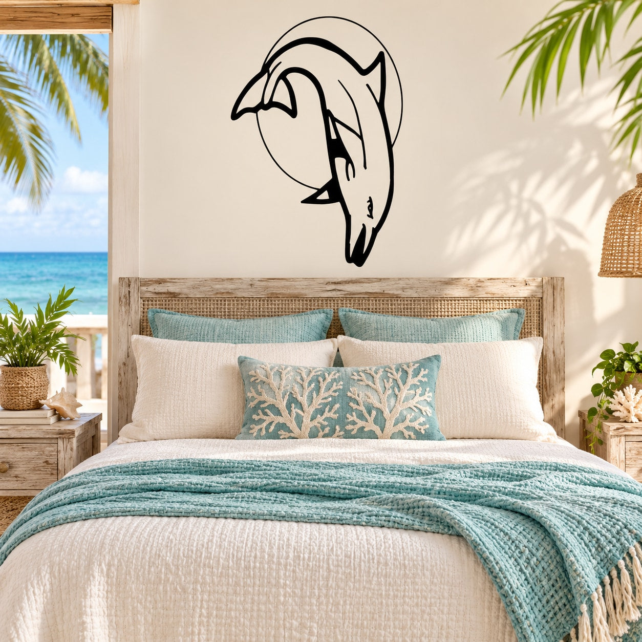 Black dolphin and moon wall decal with stylized diving dolphin
