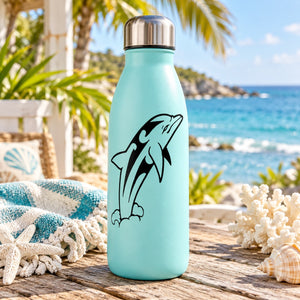 Teal water bottle with black emerging dolphin decal