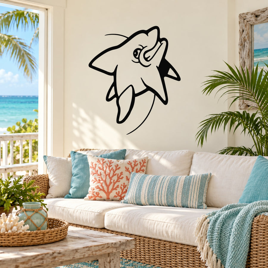 Cartoon dolphin wall decal with bold black outline, smiling face and fins.