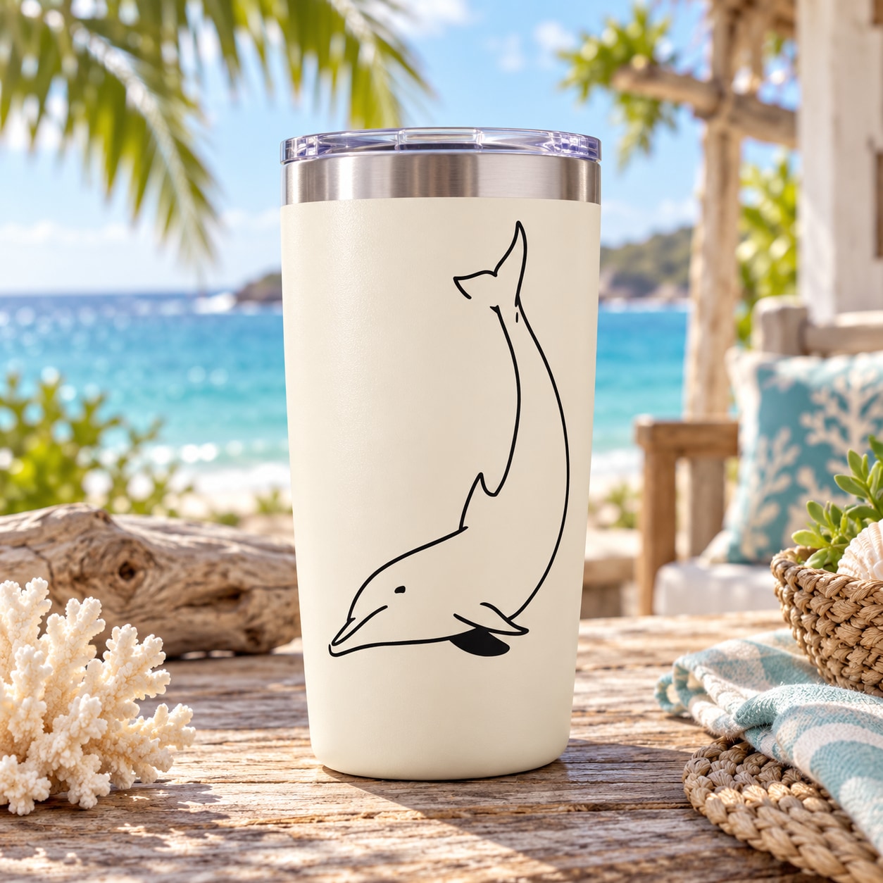 Cream tumbler cup with black diving dolphin decal and stainless steel lid