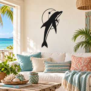 Dolphin and crescent moon wall decal, black dolphin silhouette with moon above