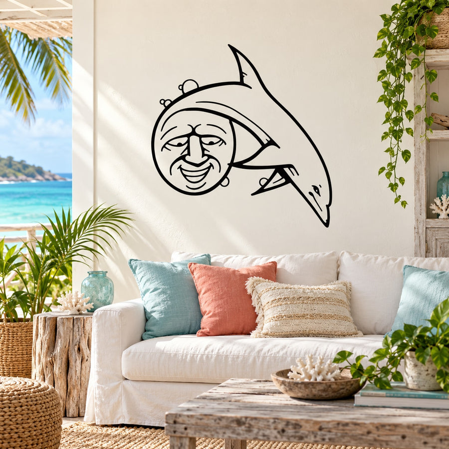 Dolphin and smiling moon wall decal with black line art