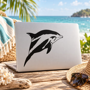 Striped dolphin vinyl decal, black chubby dolphin design for laptop
