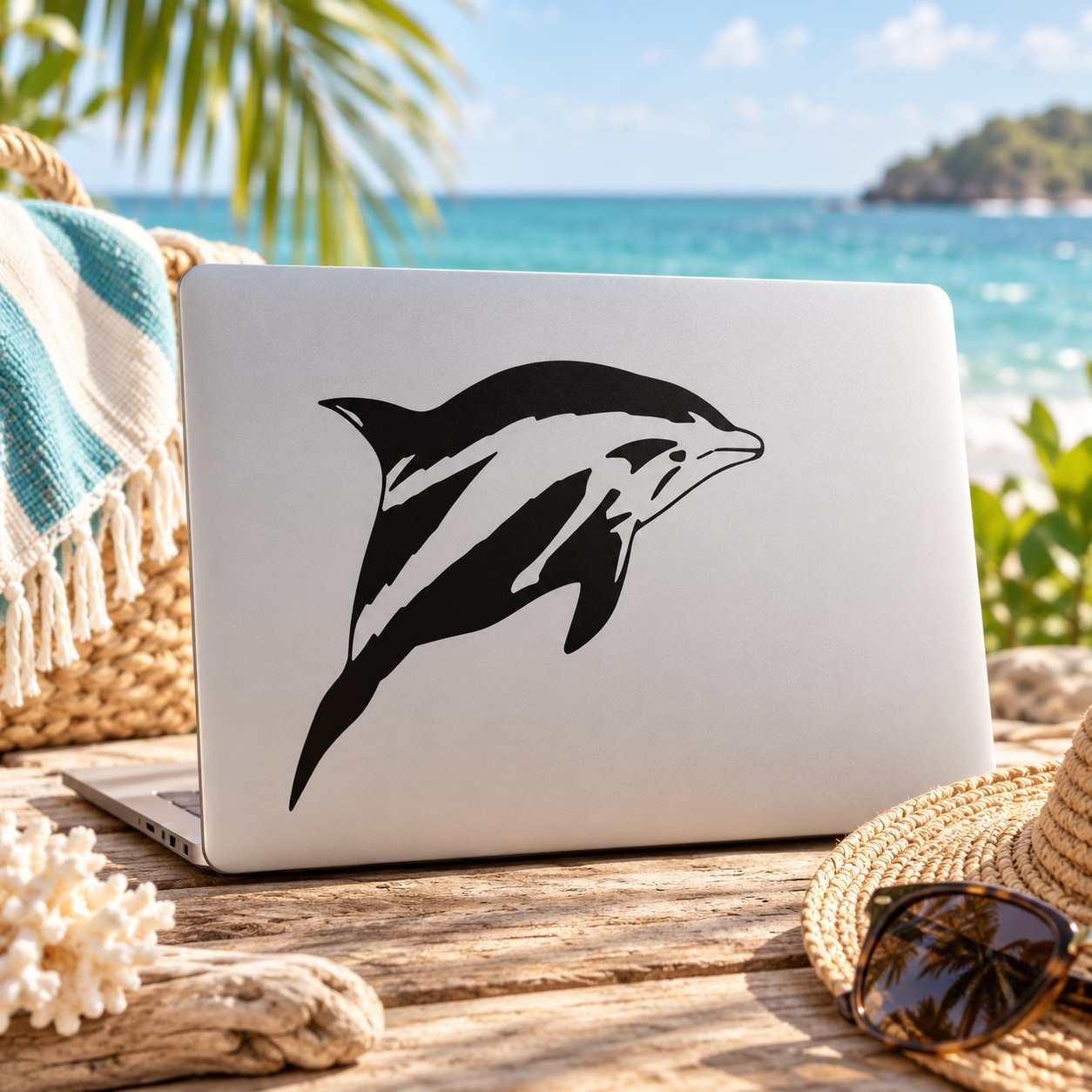 Striped dolphin vinyl decal, black chubby dolphin design for laptop