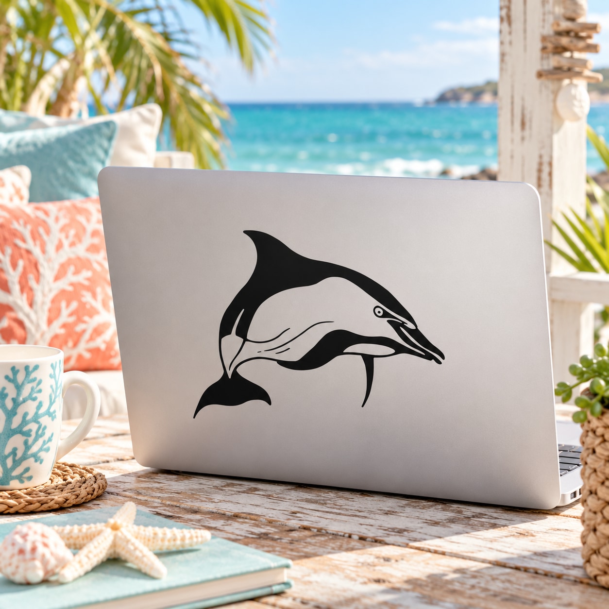 Striped dolphin decal with black-and-white dolphin graphic on a rectangular surface