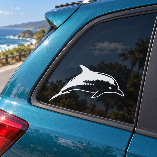 Bottlenose dolphin swim decal, white dolphin silhouette on a blue vehicle window