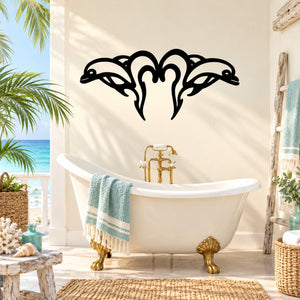 Mirrored splash dolphin decal in black with symmetrical dolphin head design