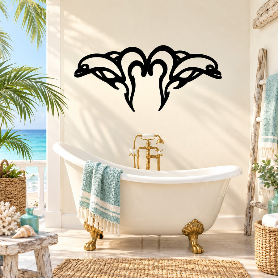 Mirrored splash dolphin decal in black with symmetrical dolphin head design