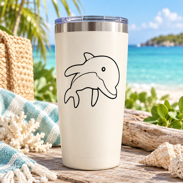White tumbler with black dolphin decal