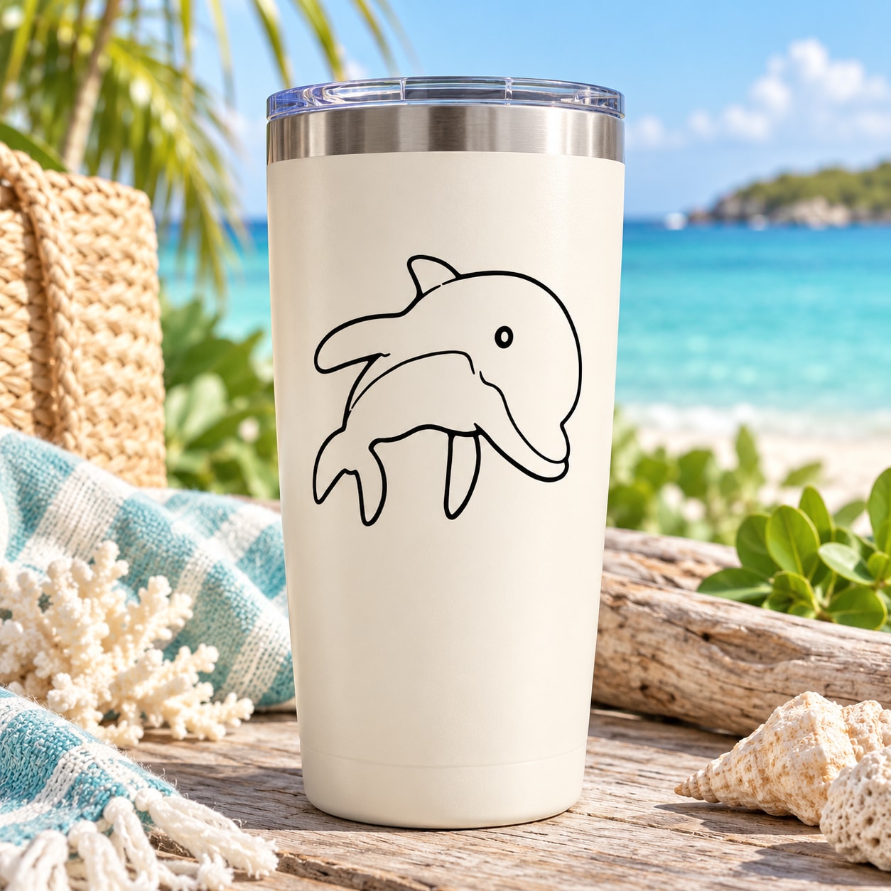 White tumbler with black dolphin decal