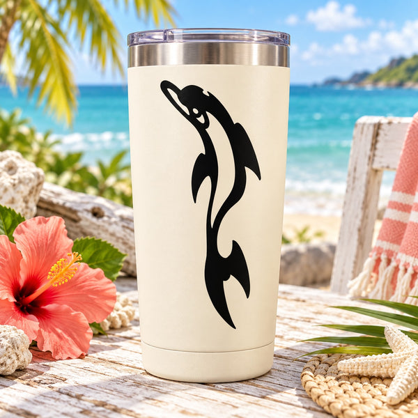 White tumbler with black leaping dolphin decal