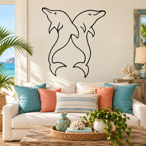 Black outline dolphin wall decal, two dolphins facing each other