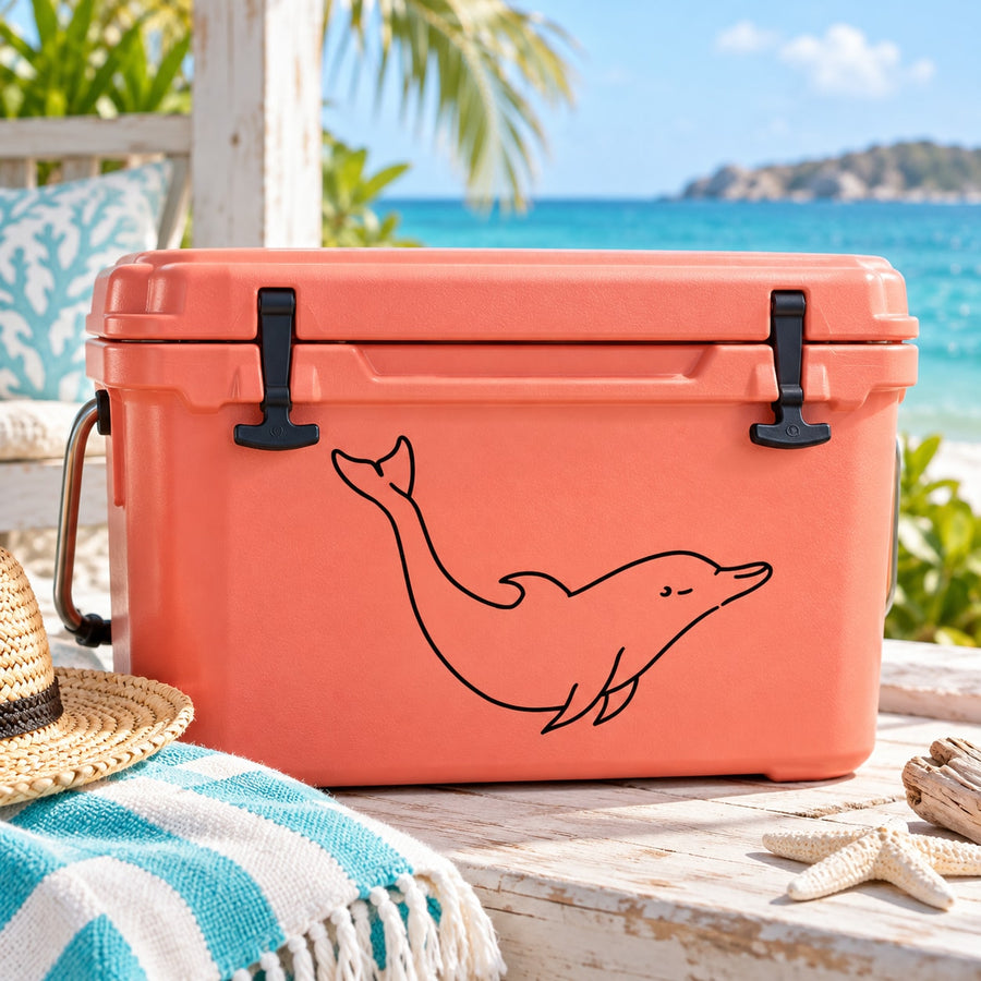 Dolphin swimming decal on a coral orange cooler with black mounting latches