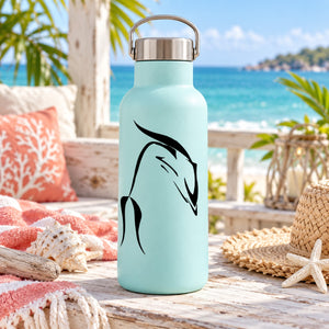 Black dolphin decal graphic on light turquoise bottle