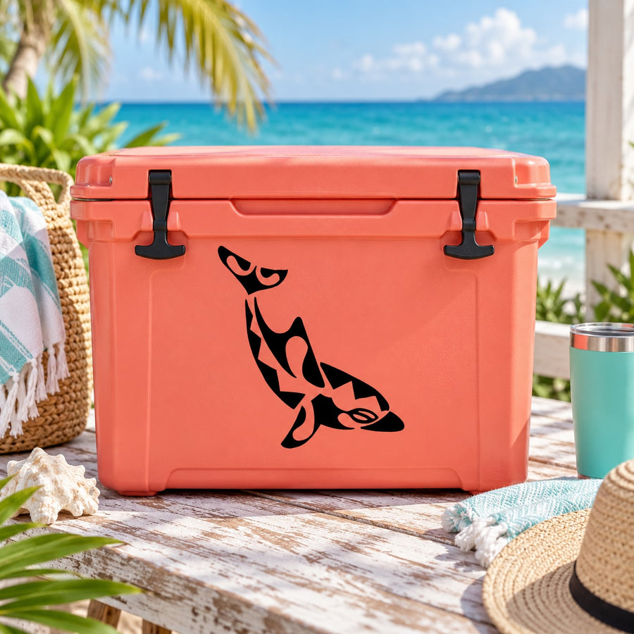 Dolphin Hawaiian decal sticker on orange cooler lid